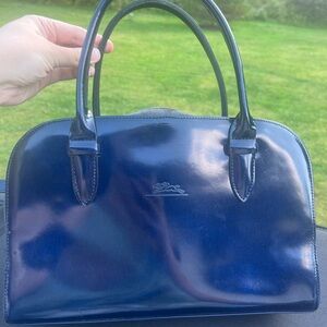 Longchamp Glazed Leather w/ suede zipper lining Navy Blue Satchel
